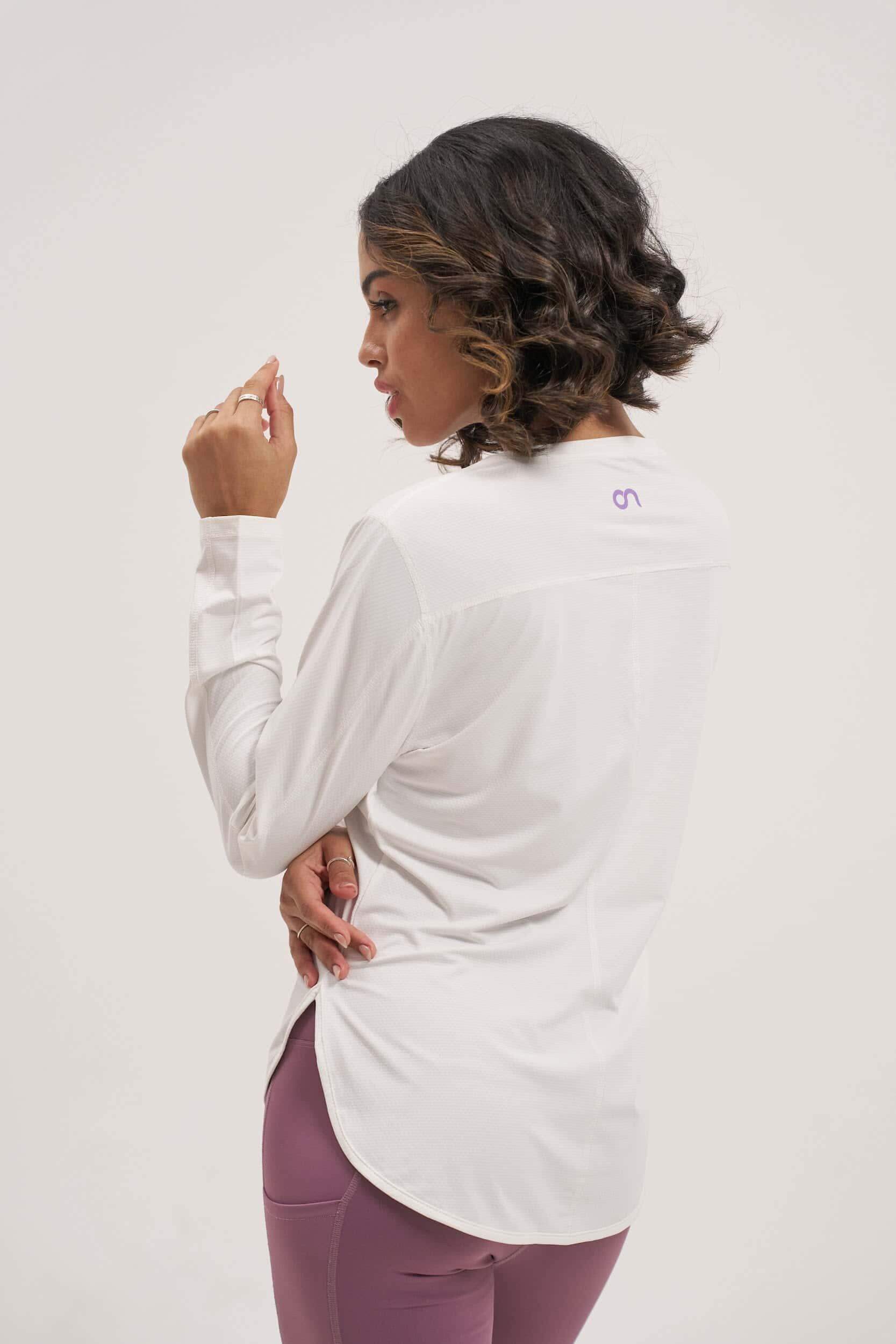 Motion Activewear ladies white long sleeve tee – classic everyday style and perfect for exercises